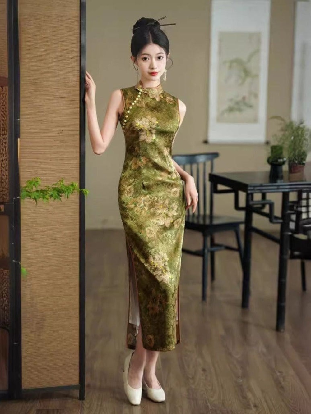 New Chinese style , floral pattern midi Cheongsam
